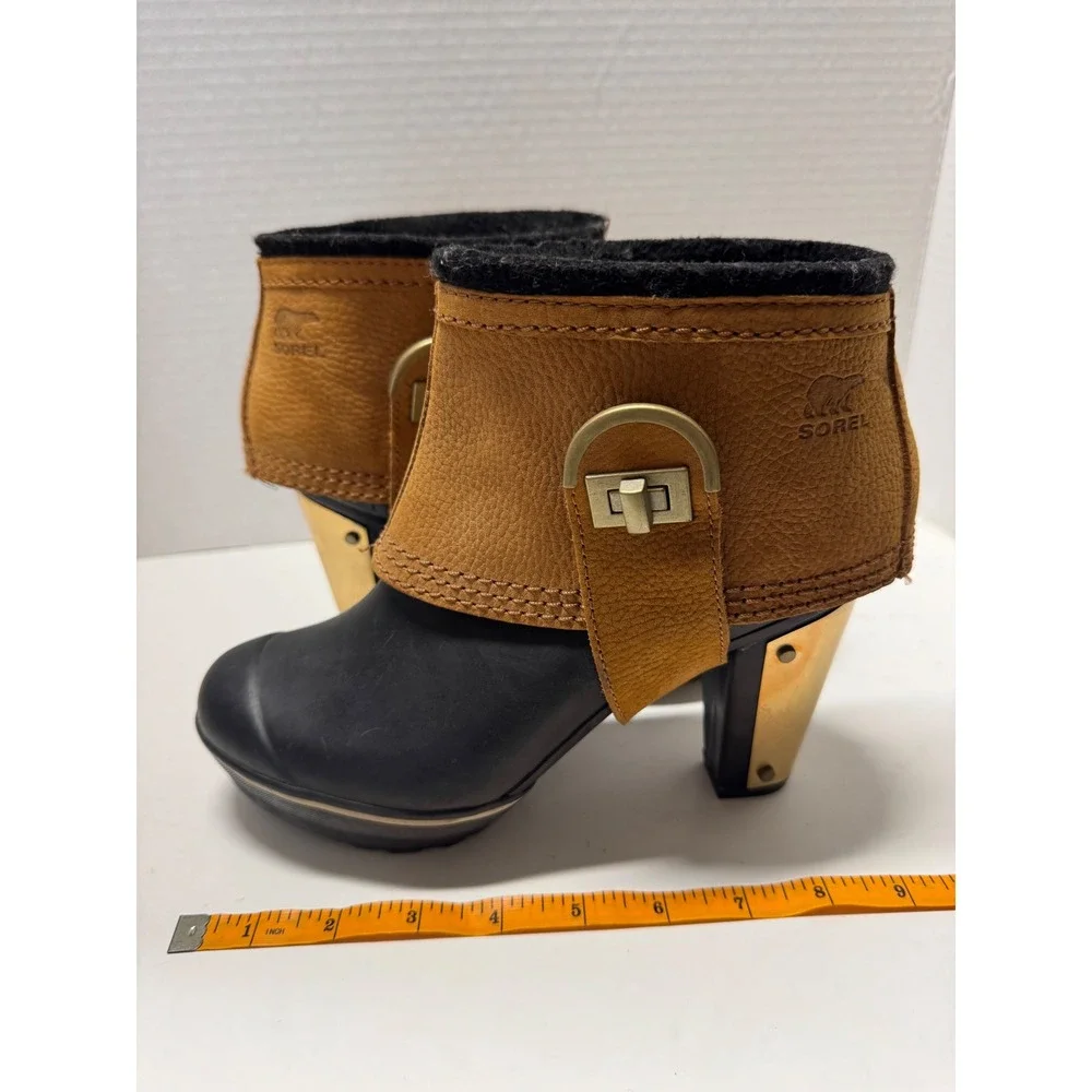 Sorel Medina III Rain Boots Black Tan Gold Heel Ankle Booties‎ Womens 6.5